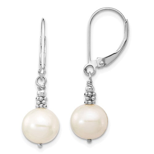 PGE 14k White Gold 8-9mm White Near-Round Freshwater Cultured Pearl Dangle Leverback Earrings