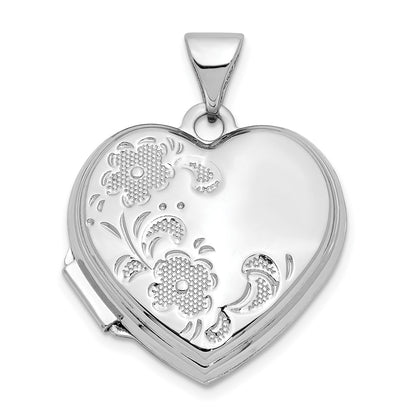 14k White Gold Polished Textured Floral Heart Locket