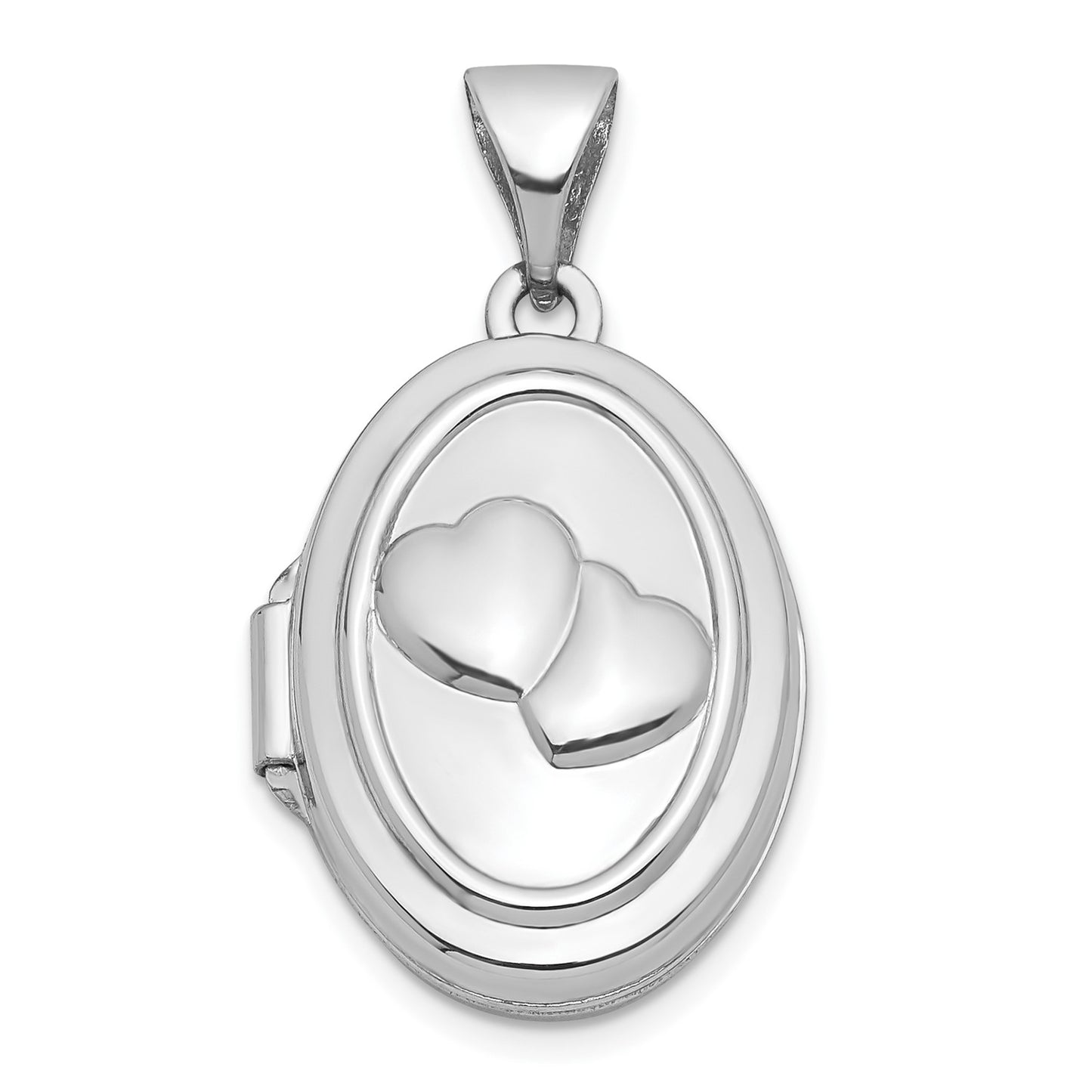 14k White Gold 17mm Double Hearts Oval Locket