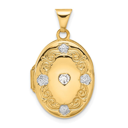 14k Yellow Gold w/ White Rhodium Floral & Heart CZ 21mm Oval Locket