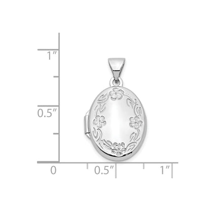 14k White Gold 17mm Oval Leaf Floral Hand Engraved Locket