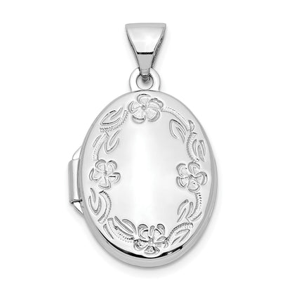 14k White Gold 17mm Oval Leaf Floral Hand Engraved Locket