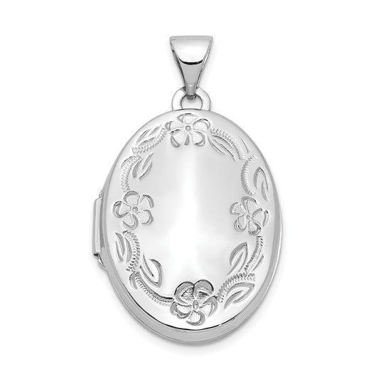 14k White Gold 21mm Oval Leaf Floral Scroll Border H/Eng Locket