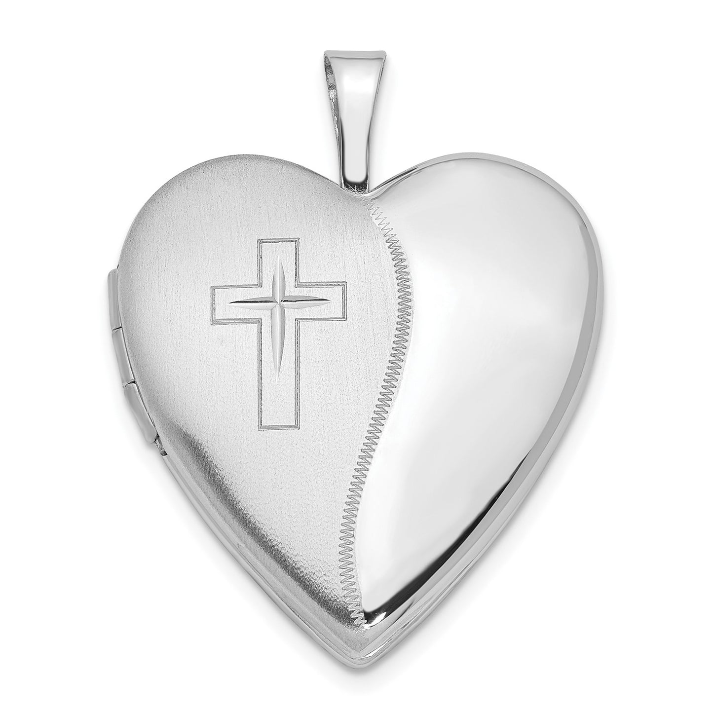 14K 20mm White Gold Polished Satin w/ Cross Heart Locket