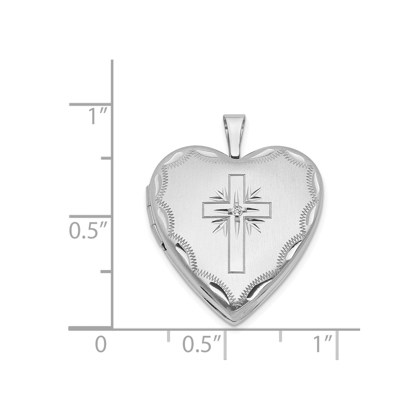 14k White Gold 20mm Diamond Satin & D/C Cross Heart Locket