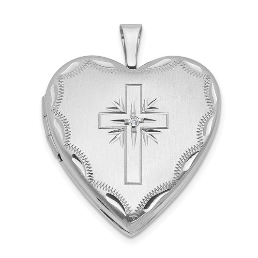 14k White Gold 20mm Diamond Satin & D/C Cross Heart Locket