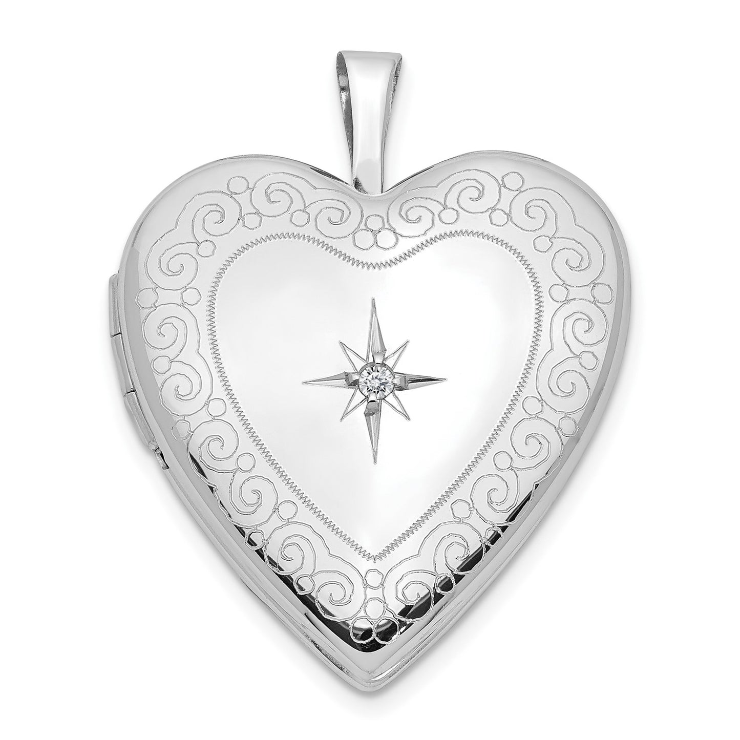 14K White Gold Diamond Side Swirl Edge 20mm Heart Locket