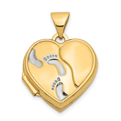 14ky w/ White Rhodium 15mm Heart Foot Prints Locket