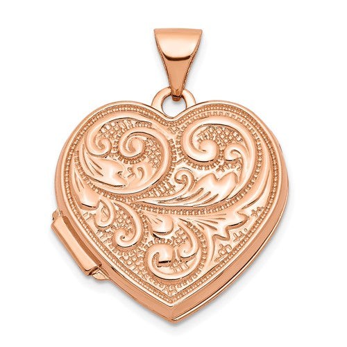 GL 14k Rose Gold Scrolled Design Reverses to LOVE YOU ALWAYS Script 18mm Heart Locket