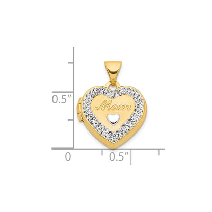 14K w/ White Rhodium Crystal 16mm MOM Heart Locket Pendant