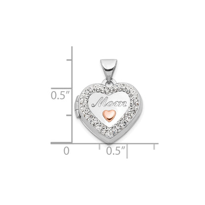 14K White Gold w/ Rose Rhodium Plated Crystal 16mm MOM Heart Locket Pendant