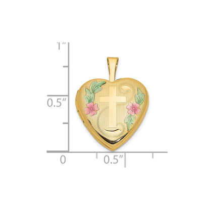 14ky 16mm with Enamel Floral Cross Heart Locket