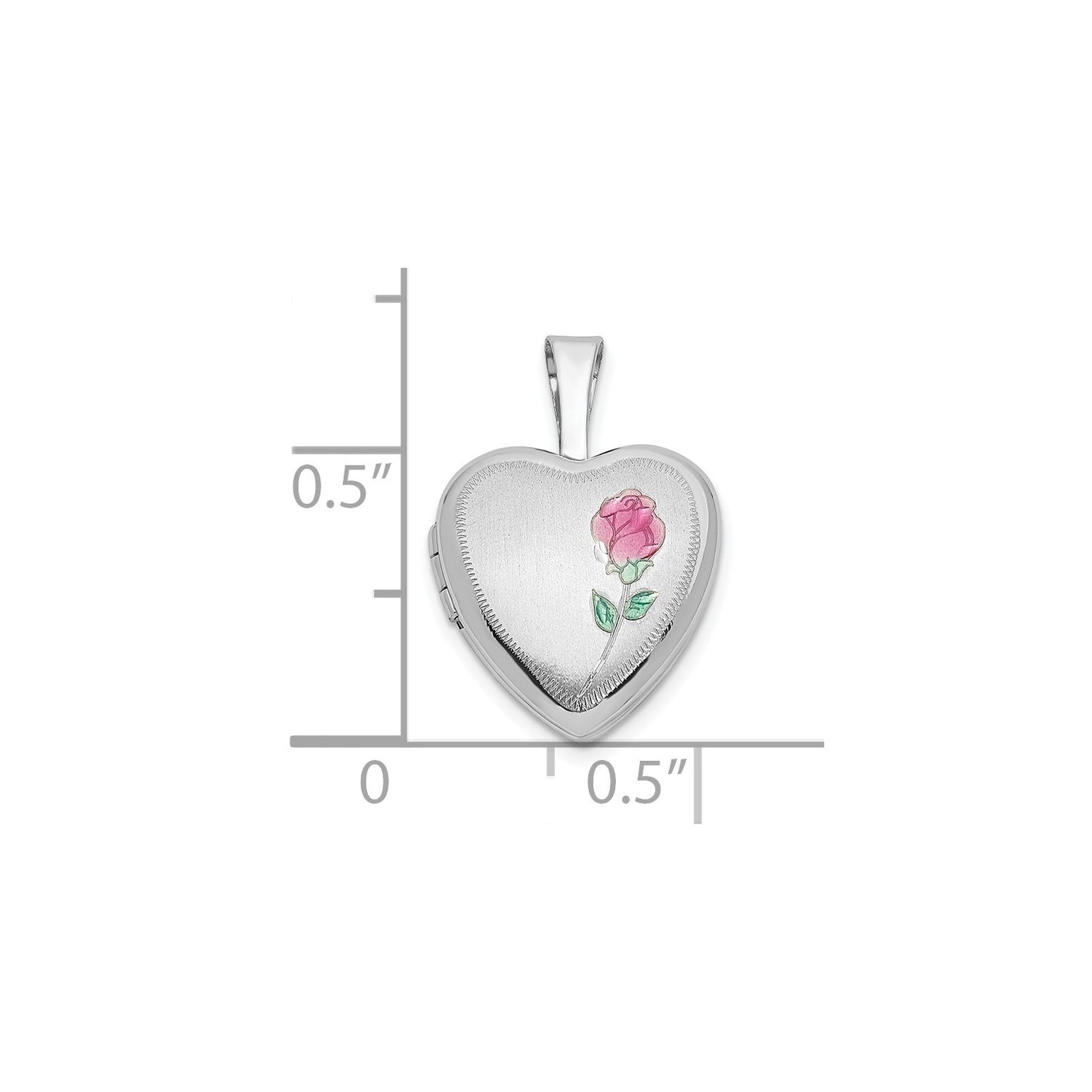 14k White Gold 12mm Satin with Enamel Rose Heart Locket