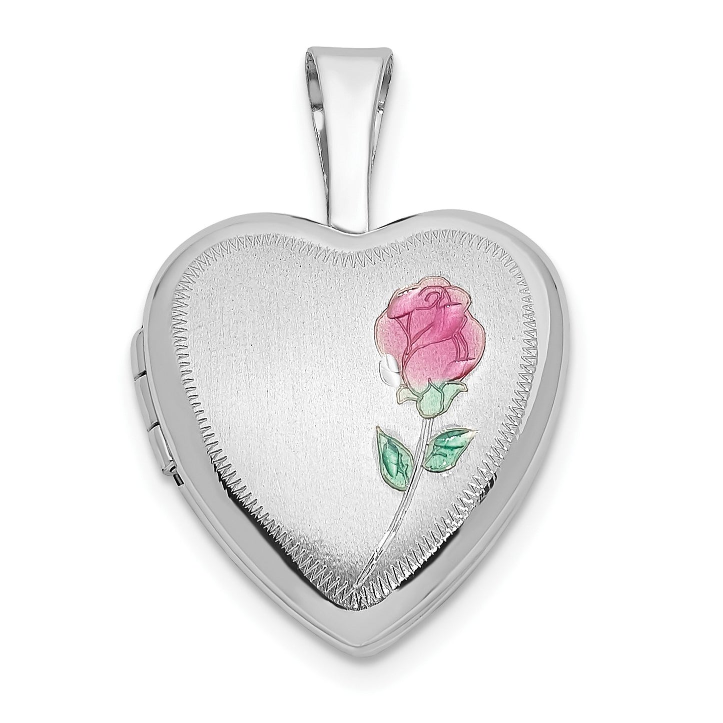 14k White Gold 12mm Satin with Enamel Rose Heart Locket