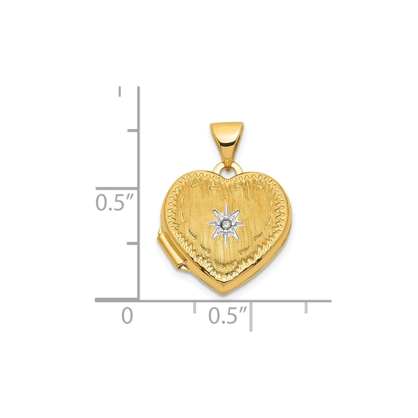 14k w/ White Rhodium Brushed Diamond Star 15mm Heart Locket