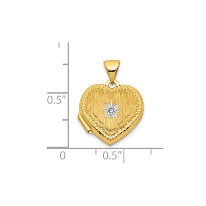 14k w/ White Rhodium Brushed Diamond Star 15mm Heart Locket