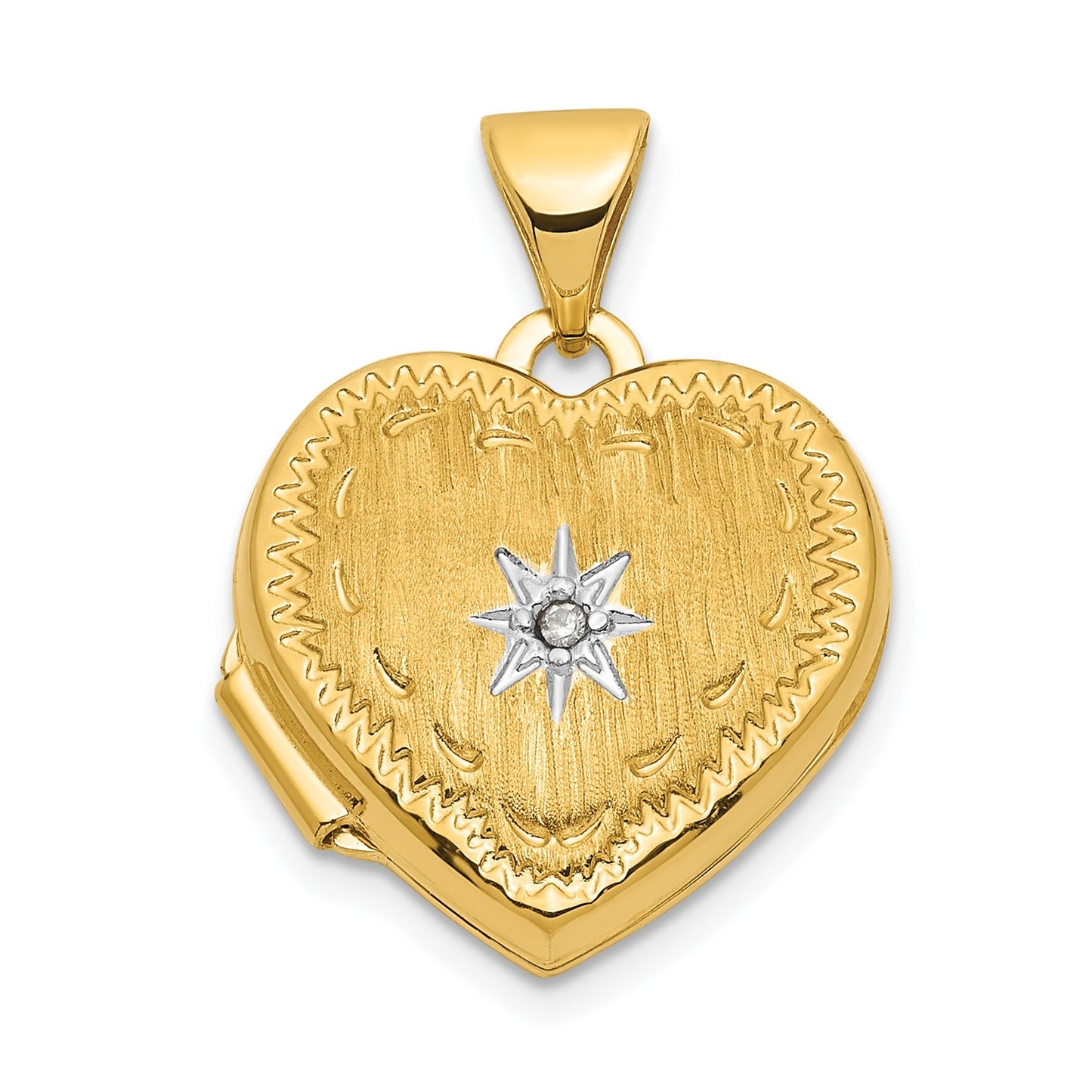 14k w/ White Rhodium Brushed Diamond Star 15mm Heart Locket