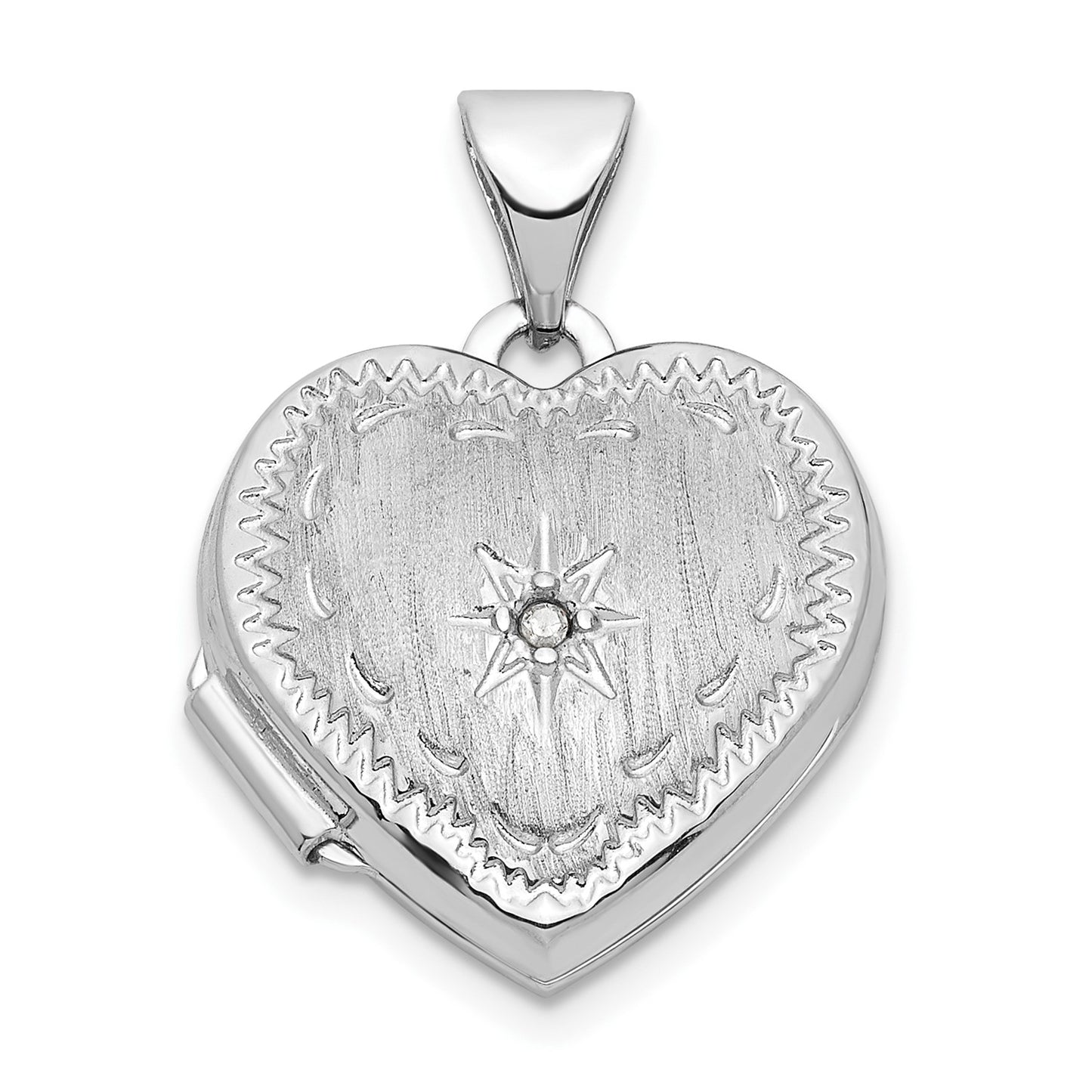 14k White Gold Brushed Diamond Star 15mm Heart Locket