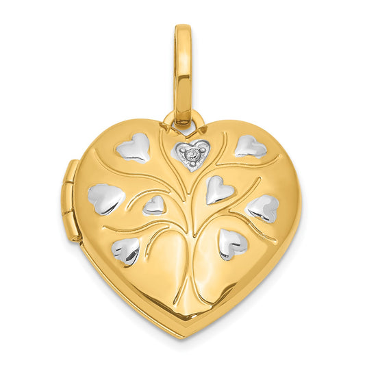 14ky & White Rhodium Polished Diamond Heart Tree Heart Locket