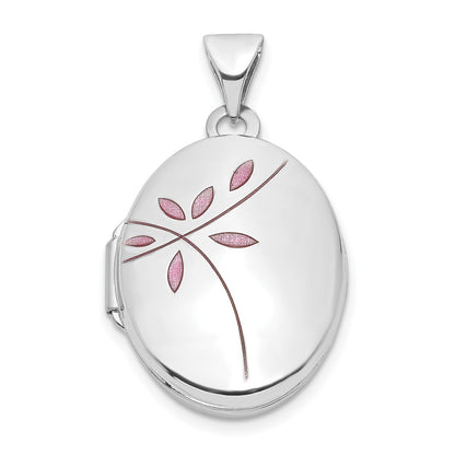 14k White Gold Enamel Leaves 19mm Oval Locket