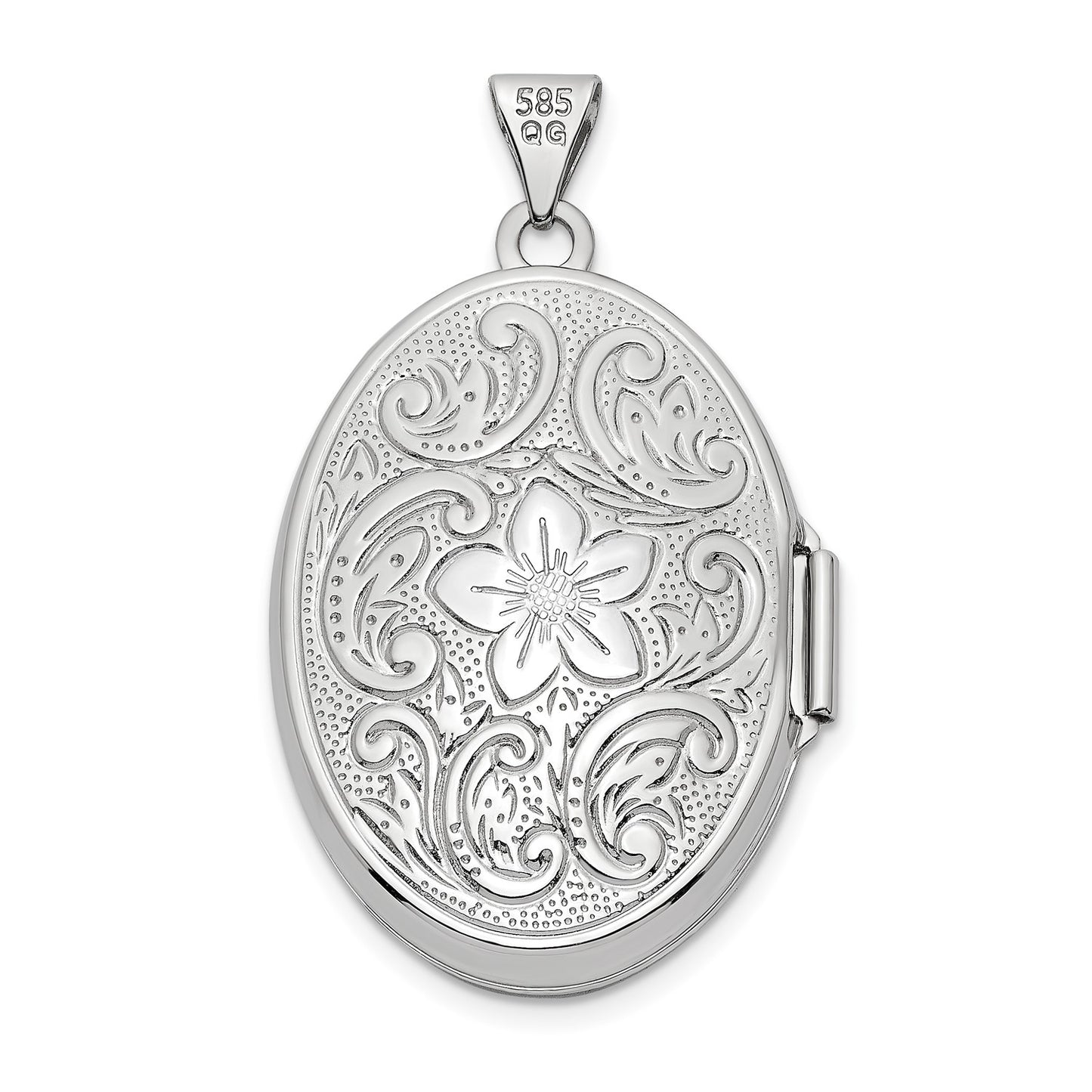 14k White Gold Reversible Swirl Design Floral 26mm Oval Locket