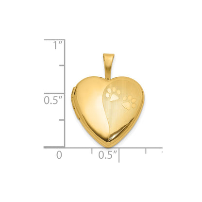 14K Textured and Polished Paw Prints 16mm Heart Locket