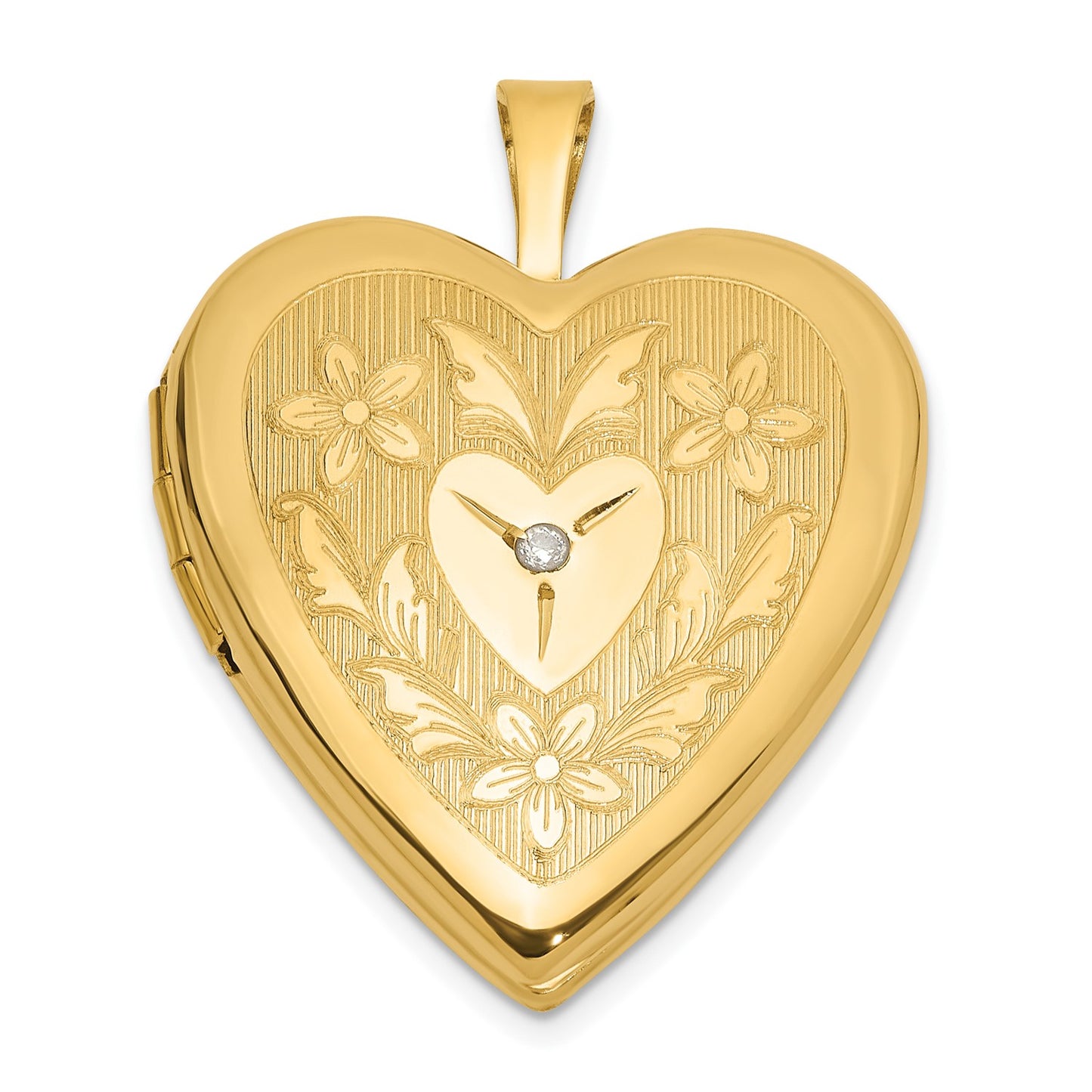 14K 20mm Polished Floral Design Diamond Heart Locket