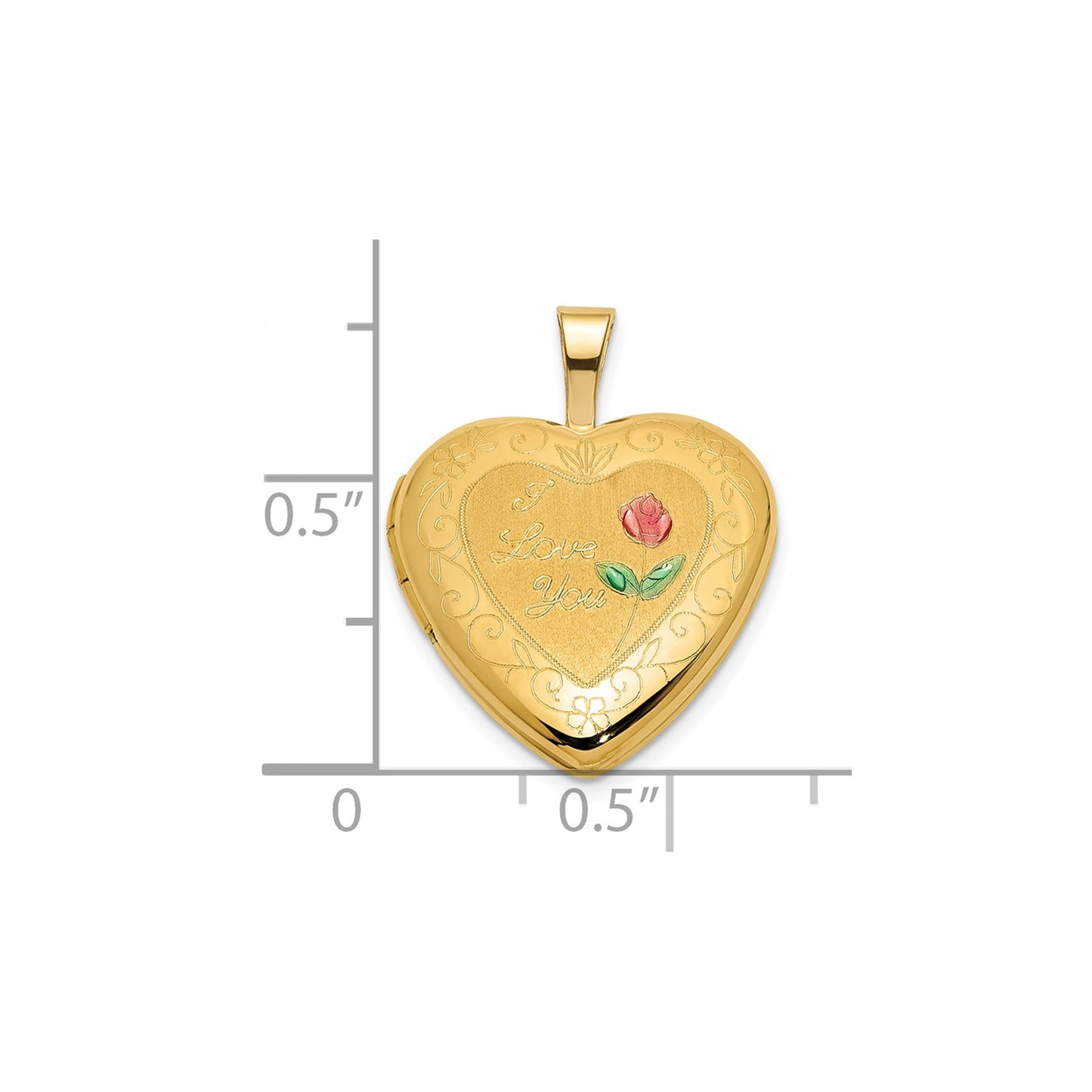 14K Polished and Satin w/ Enamel 16mm I LOVE YOU Rose Heart Locket