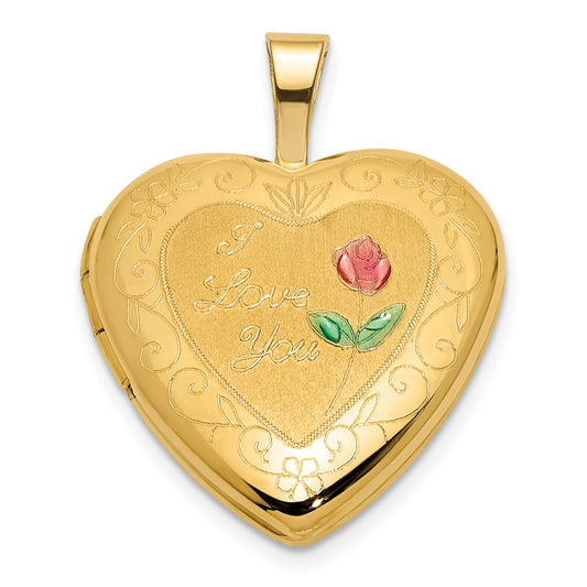 14K Polished and Satin w/ Enamel 16mm I LOVE YOU Rose Heart Locket