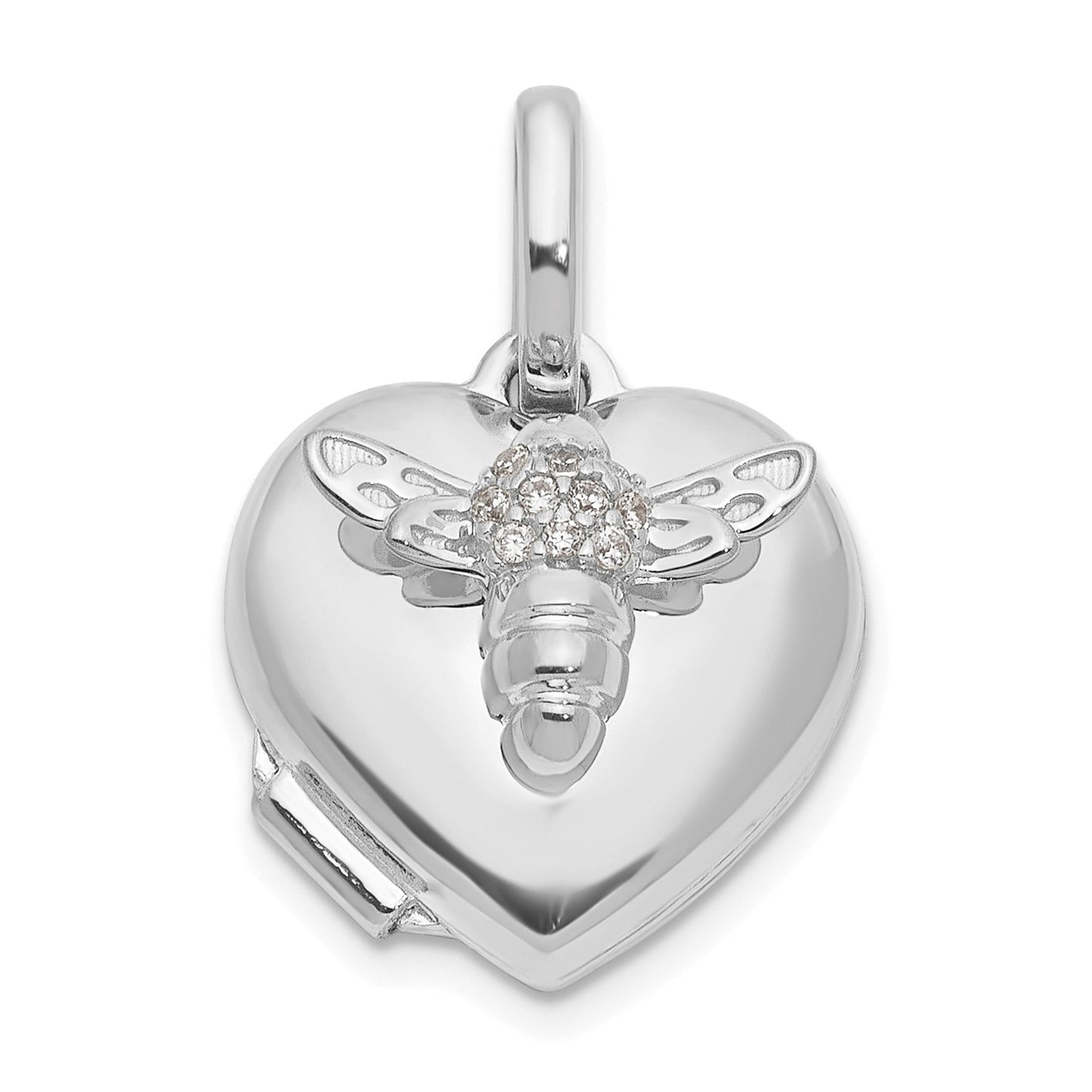 14k White Gold Polished CZ Bee Heart 12mm Locket