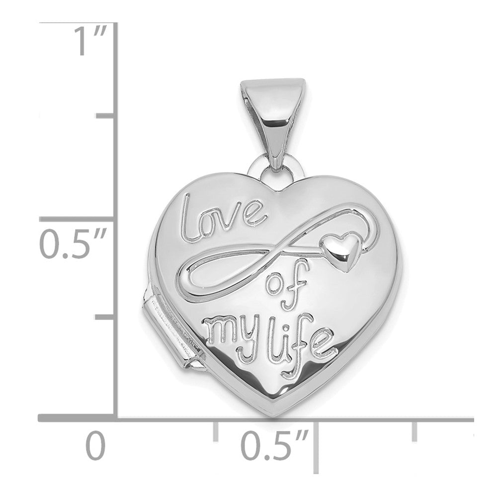 GL 14K white Gold Polished LOVE OF MY LIFE with Infinity 15mm Heart Locket