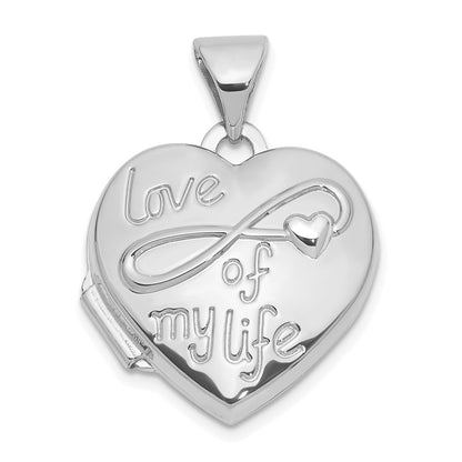 GL 14K white Gold Polished LOVE OF MY LIFE with Infinity 15mm Heart Locket