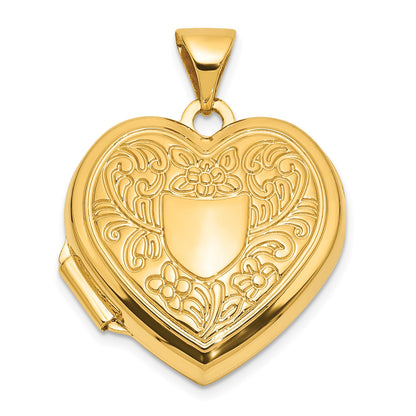 14K Polished Fancy Floral Border and Crest 18mm Heart Locket