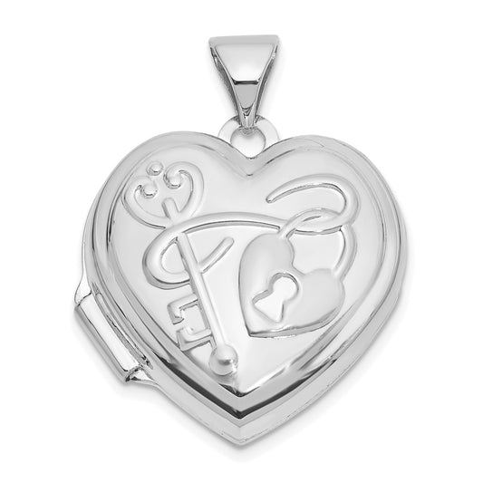 14k White Gold 18mm KEY TO MY HEART Reversible Heart Locket