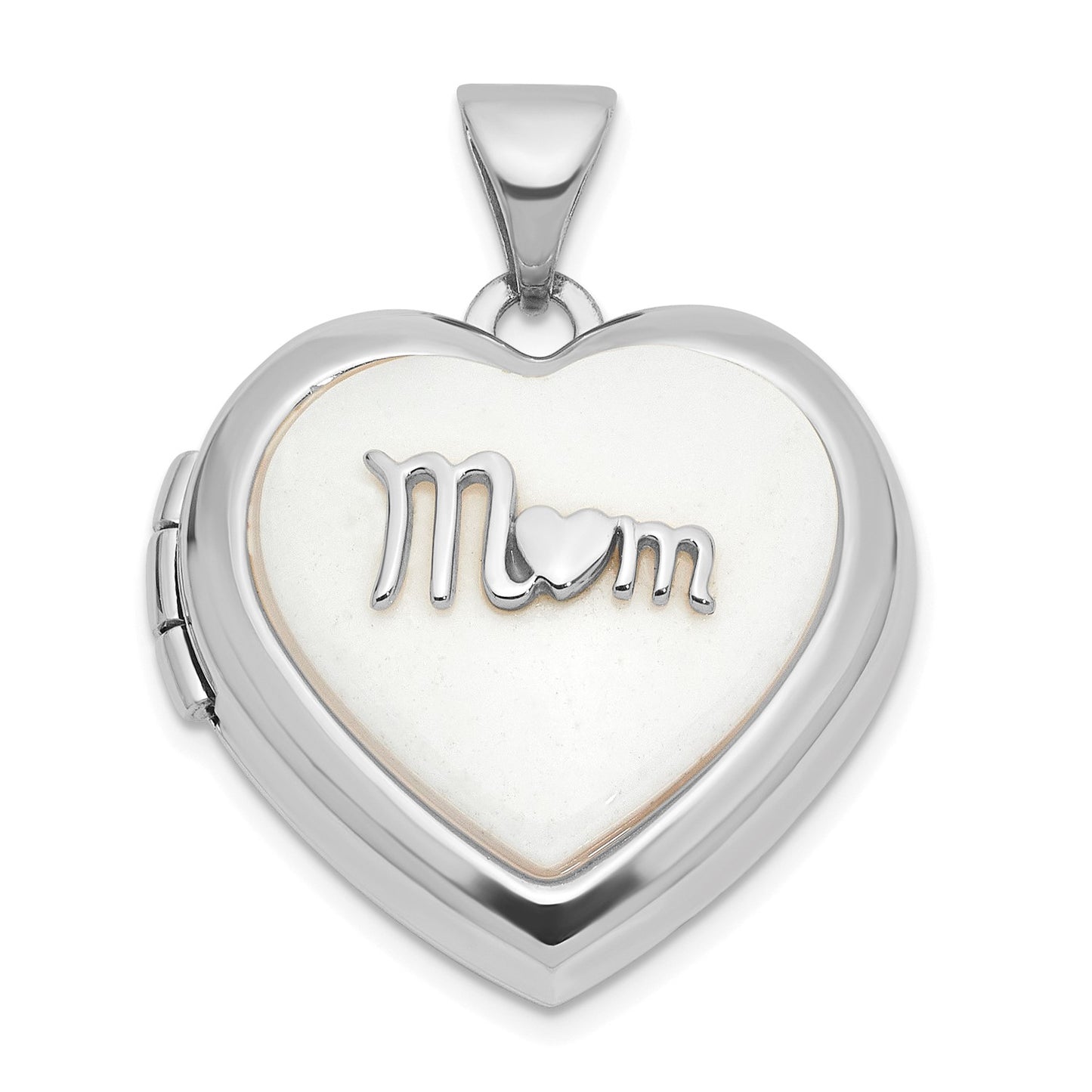 14k White Gold Polished White Agate Mom 18mm Heart Locket