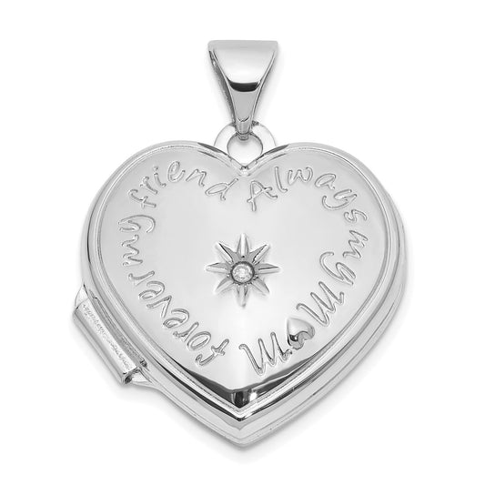 14k White Gold Diamond 18mm Always My Mom Heart Locket