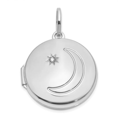 14k White Gold 20mm Diamond Moon and Star Round Locket