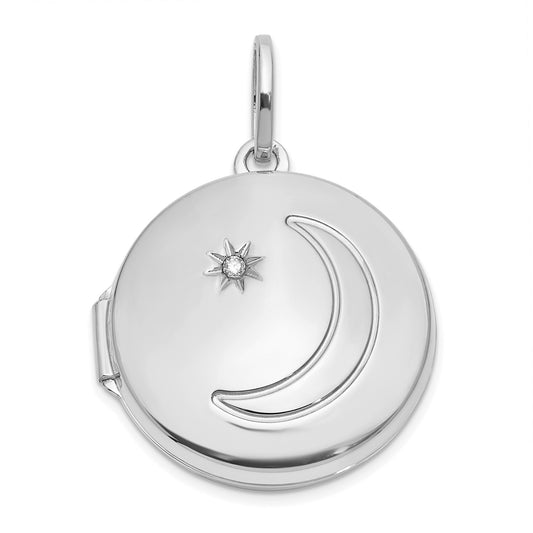 14k White Gold 20mm Diamond Moon and Star Round Locket