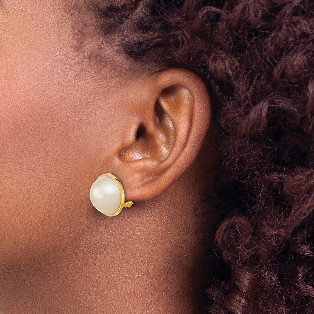 PGE 14k 14-15mm White Mabe Saltwater Cultured Pearl Omega Back Earrings