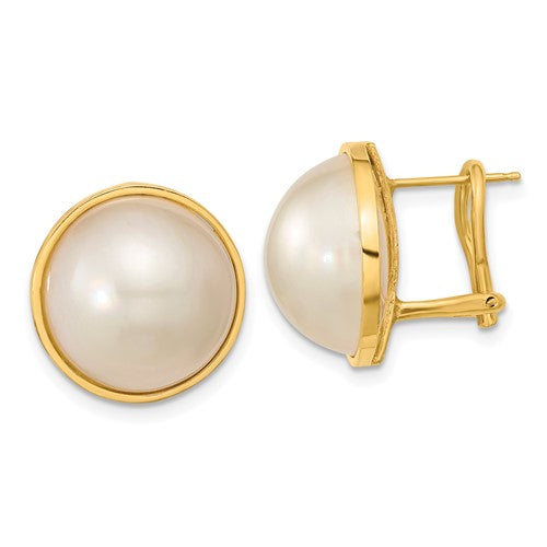 PGE 14k 14-15mm White Mabe Saltwater Cultured Pearl Omega Back Earrings