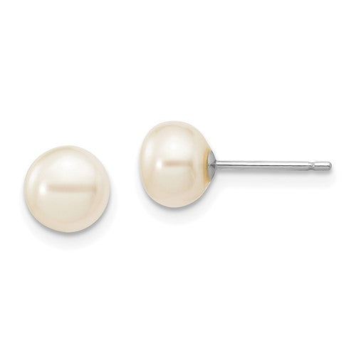 PGE 14k White Gold 6-7mm White Button Freshwater Cultured Pearl Stud Post Earrings