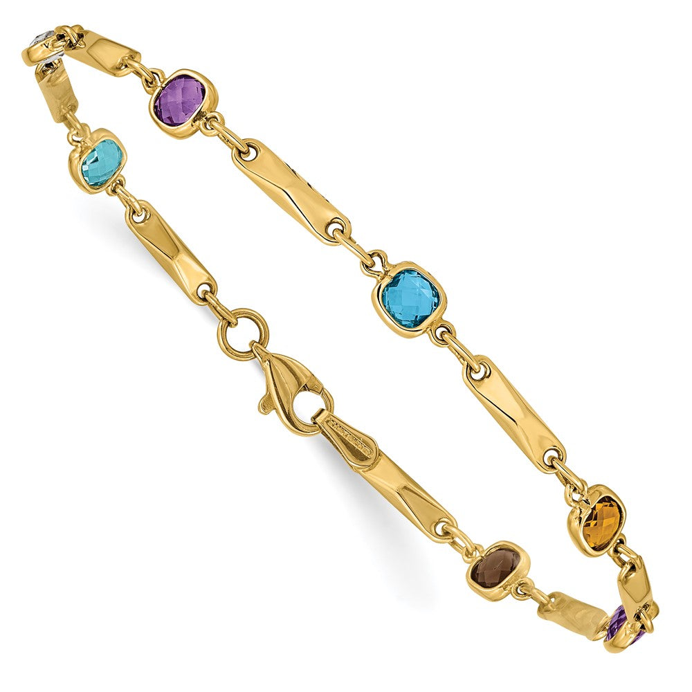 GGB 14K Complete Cushion-cut Sky Blue Topaz/White Quartz/Smoky Quartz/Amethyst/Citrine Fancy Link 7 inch Rainbow Bracelet