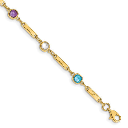 GGB 14K Complete Cushion-cut Sky Blue Topaz/White Quartz/Smoky Quartz/Amethyst/Citrine Fancy Link 7 inch Rainbow Bracelet