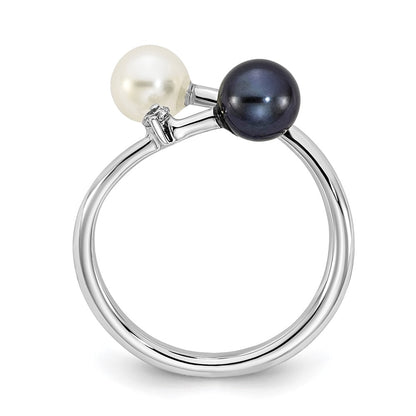 PGR 14k White Gold 5-6mm Black and White Round Akoya Saltwater Cultured Pearl and .04 Carat Diamond Adjustable Ring