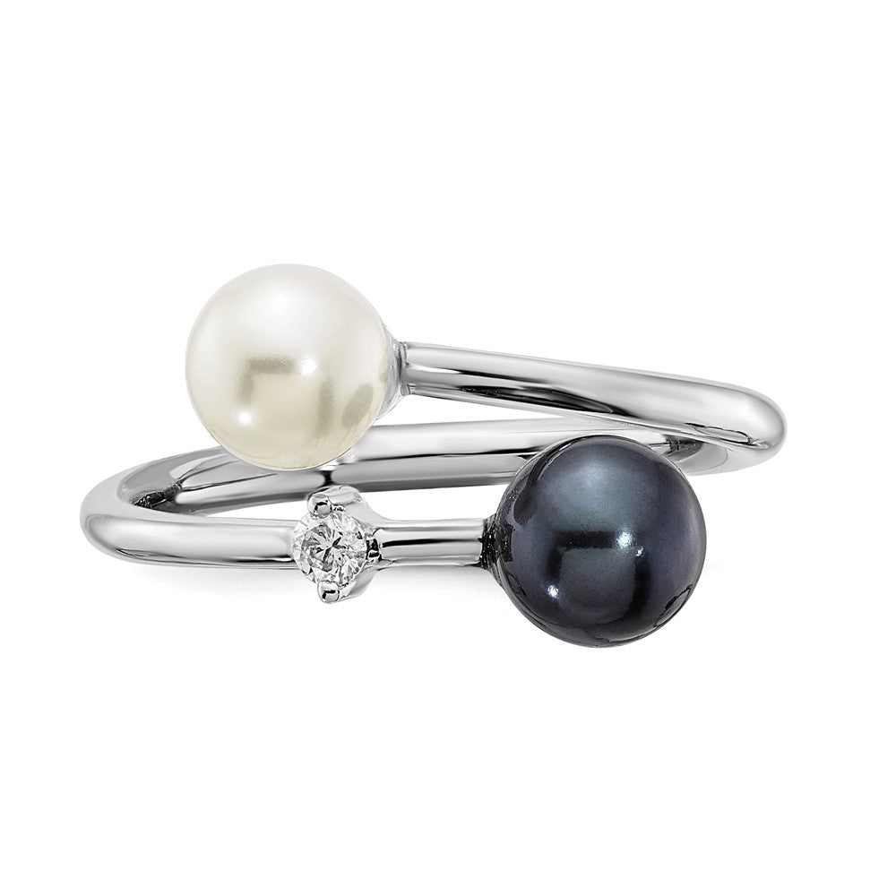 PGR 14k White Gold 5-6mm Black and White Round Akoya Saltwater Cultured Pearl and .04 Carat Diamond Adjustable Ring