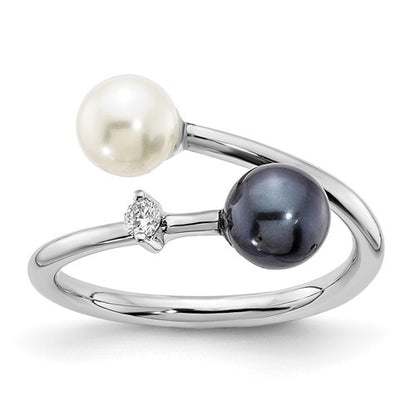 PGR 14k White Gold 5-6mm Black and White Round Akoya Saltwater Cultured Pearl and .04 Carat Diamond Adjustable Ring