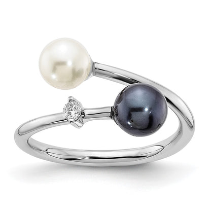 PGR 14k White Gold 5-6mm Black and White Round Akoya Saltwater Cultured Pearl and .04 Carat Diamond Adjustable Ring