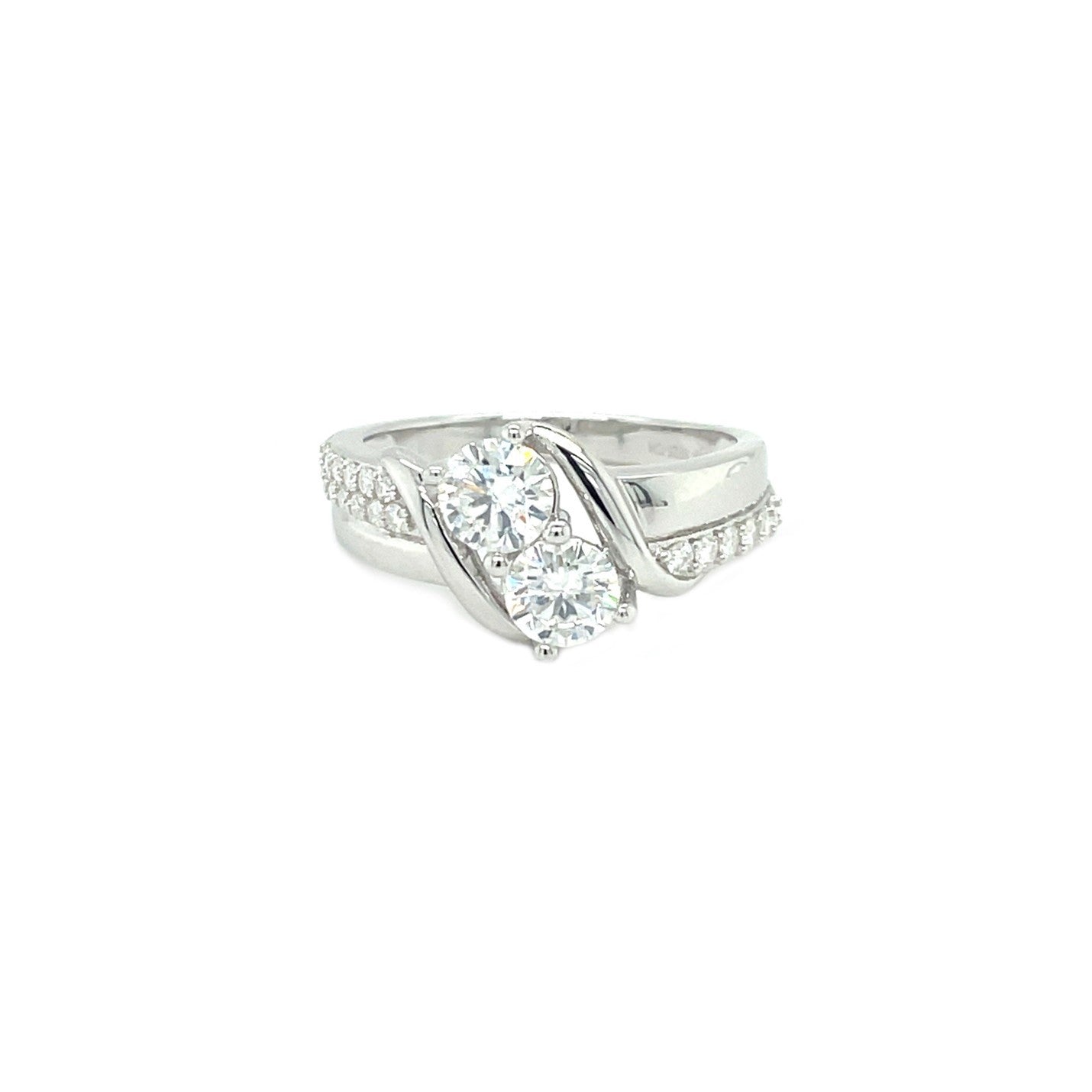 2 Stone Round High Polish Ring | Rhodium Plated Sterling Silver | Moissanite | Through Thick & Thin